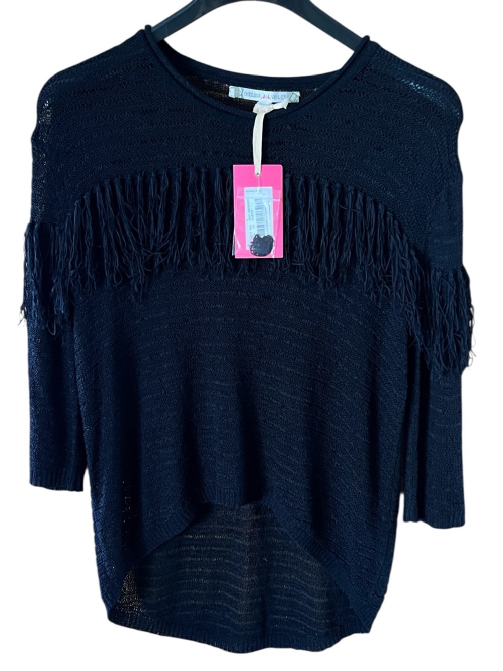 NWT Chelsea & Violet Black Fringe See-Through Knit Top Hi-Low Relaxed Fit